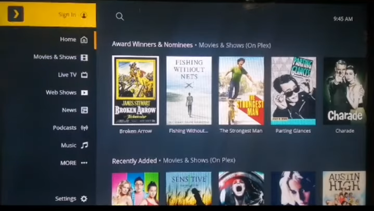 Plex TV menu — select Sign In